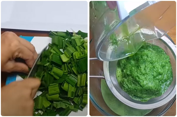 Lá dứa cắt khúc và xay nhuyễn